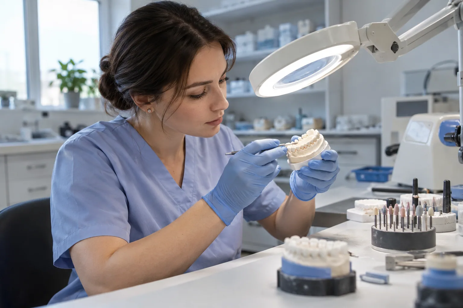 Специалист исследует гипсовую модель зубов
